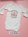 White long sleeve baby bodysuit with Christmas Crew gingerbread house design, size 6-12 months