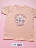 Pastel pink children's Christmas T-shirt with gingerbread house and gingerbread men, Christmas Crew design, size 3-4 years
