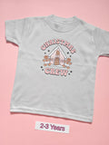 Grey children's Christmas T-shirt with gingerbread house and gingerbread men Christmas Crew design, size 2-3 years