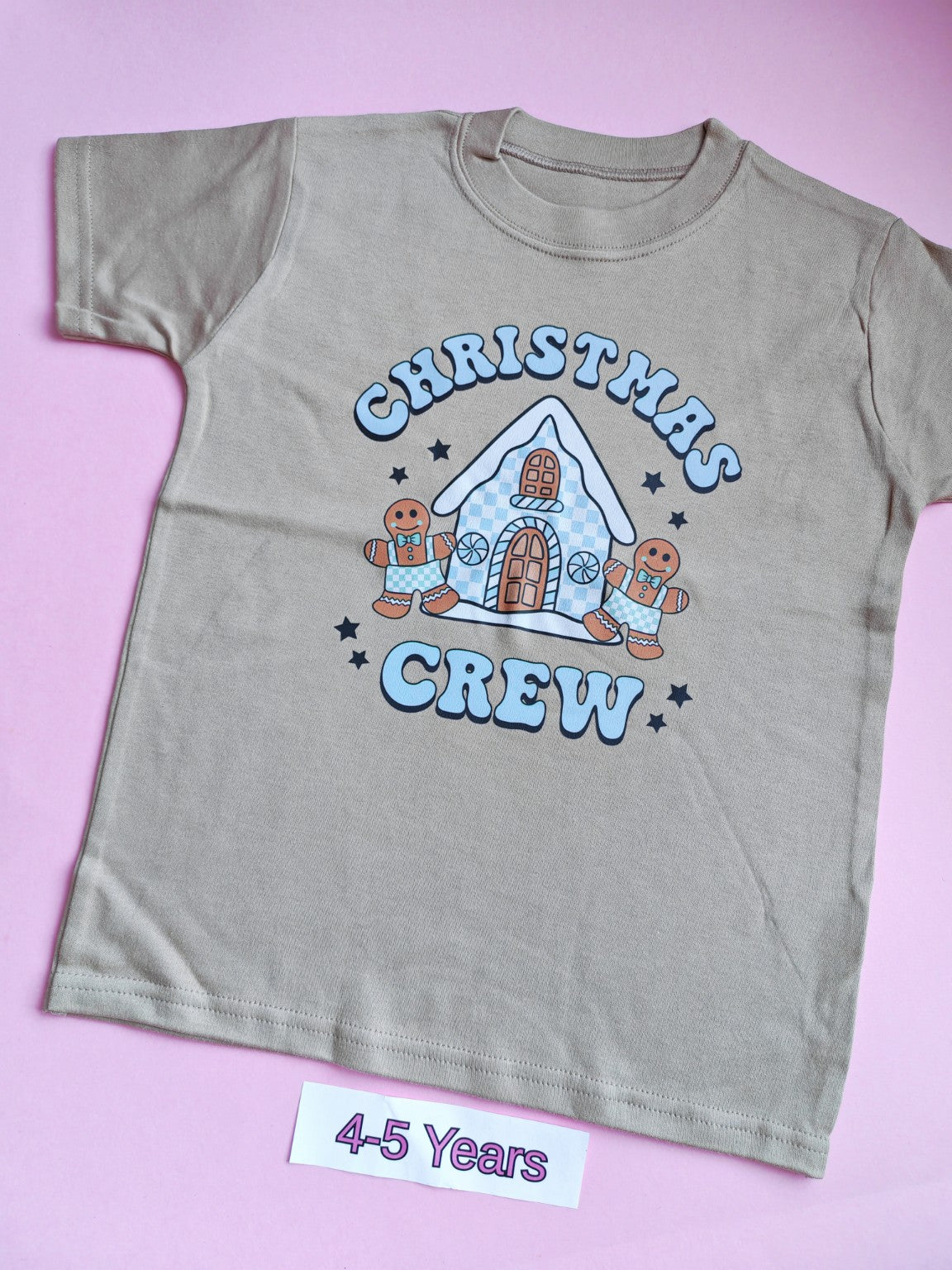Taupe children's Christmas t-shirt, 4-5 years, Christmas Crew gingerbread house design