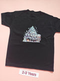 Black children's Christmas T-shirt with snowy Christmas tree and nutcracker design, size 2-3 years