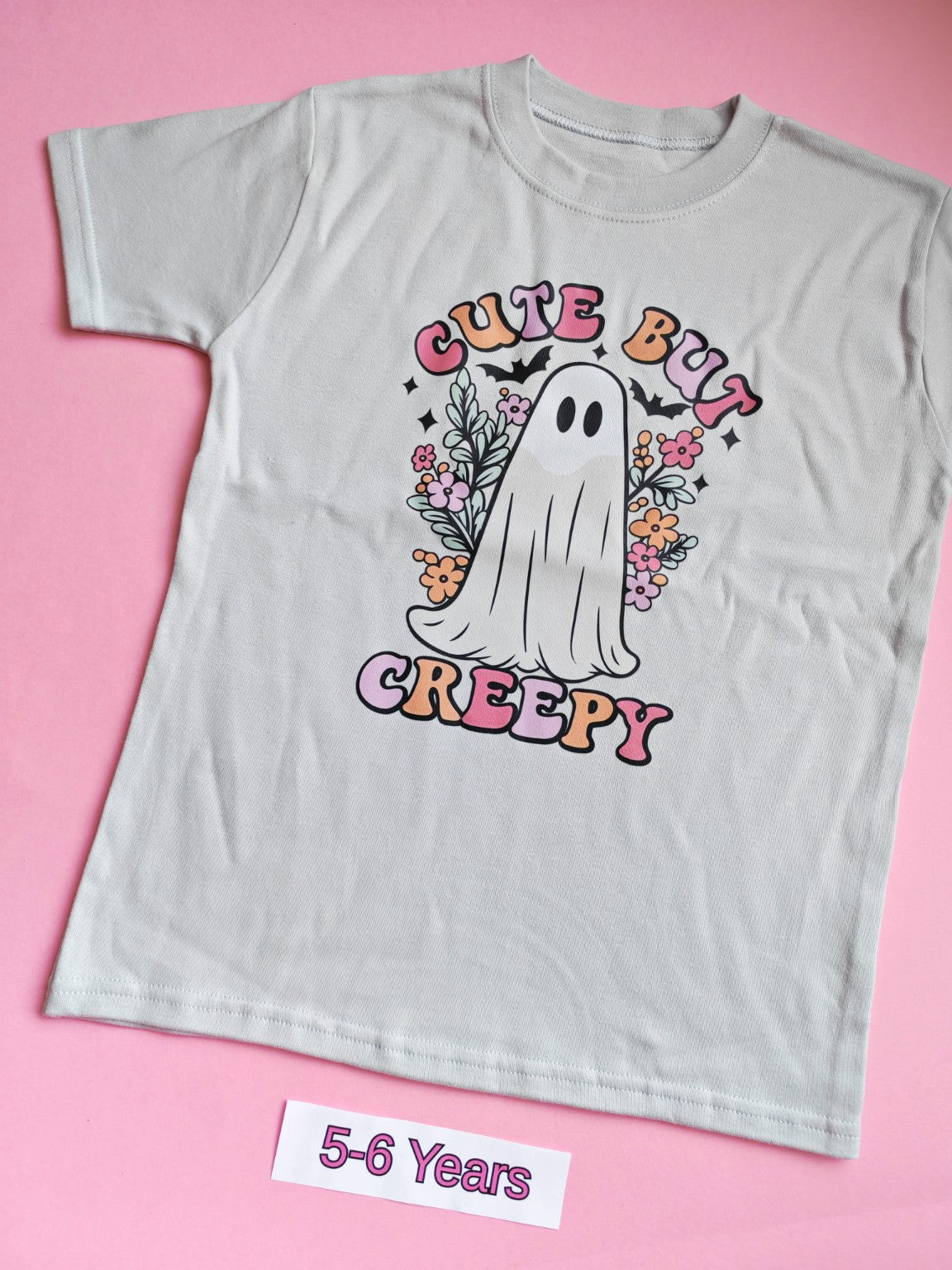 Frozen grey children's t-shirt with cute but creepy ghost and flowers design, size 5-6 years