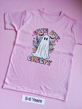 Pink children's t-shirt with cute but creepy ghost and floral design, 5-6 years