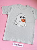 Frozen grey children's Halloween t-shirt with cute ghost holding a pumpkin, size 5-6 years