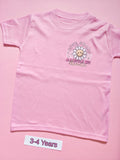 Pink children's T-shirt with Cute Smart and a Little Bit Dramatic daisy design, size 3-4 years, front