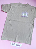 Taupe children's t-shirt with cute smart and a little bit dramatic daisy design, 5-6 years, front