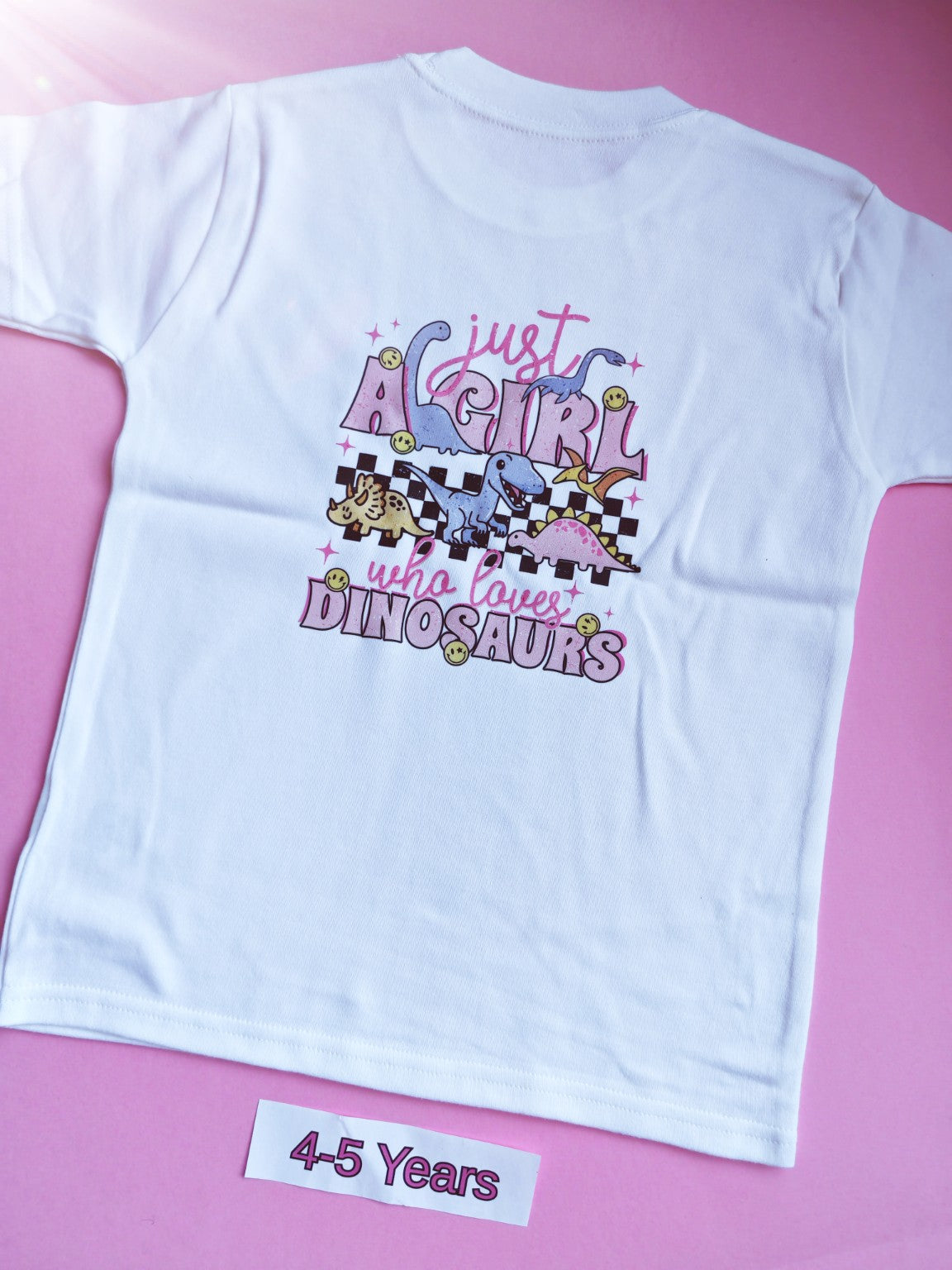 White children's t-shirt, 4-5 years, dinosaur lover design, back view