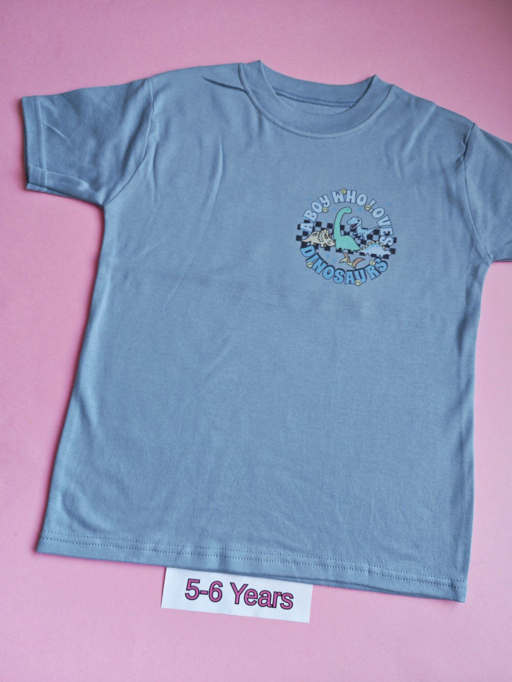 Blue children's dinosaur t-shirt with small dinosaur chest design, size 5-6 years