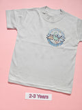 Grey children's T-shirt with colourful dinosaur Just a Boy Who Loves Dinosaurs design, front view, size 2-3 years