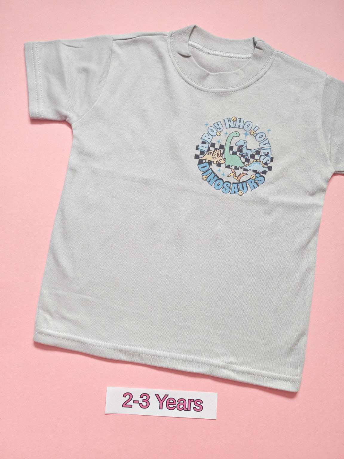 Grey children's T-shirt with colourful dinosaur Just a Boy Who Loves Dinosaurs design, front view, size 2-3 years