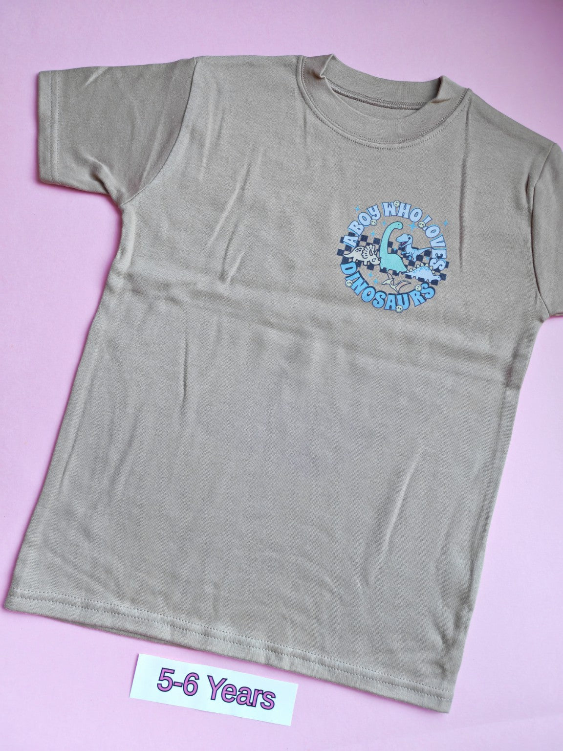 Taupe children's dinosaur t-shirt with blue dinosaur design, 5-6 years
