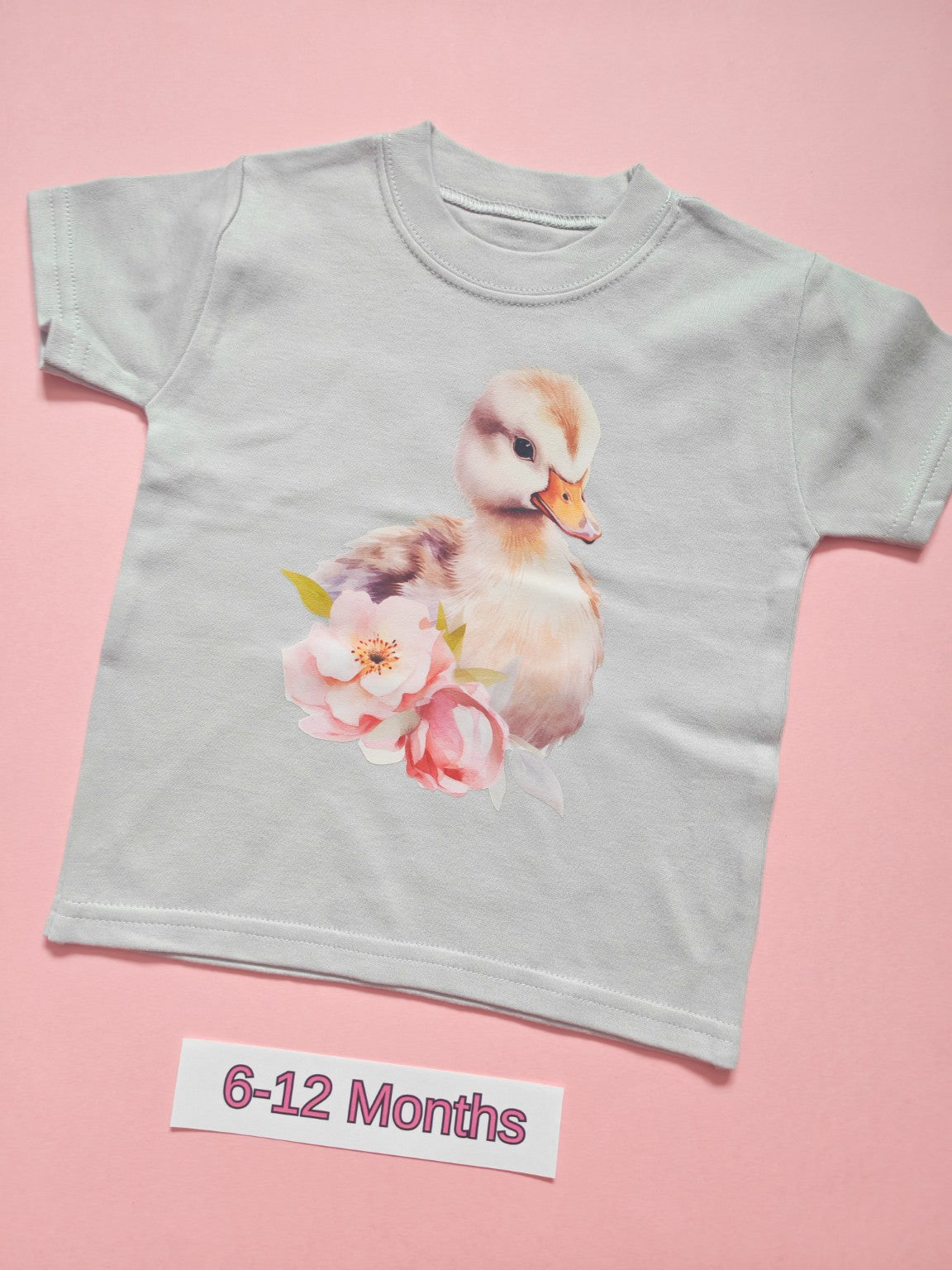 Frozen grey children's T-shirt with cute duck and flowers design, size 6-12 months
