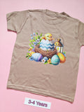 Taupe children's T-shirt with colourful Easter chick, decorated eggs and flowers design, size 3-4 years