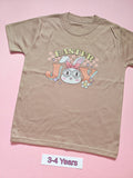 Taupe children's T-shirt with pastel Easter Joy bunny design, size 3-4 years