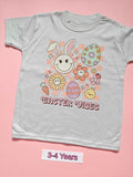 White children's T-shirt with pastel Easter Vibes bunny, flowers and Easter egg design, size 3-4 years