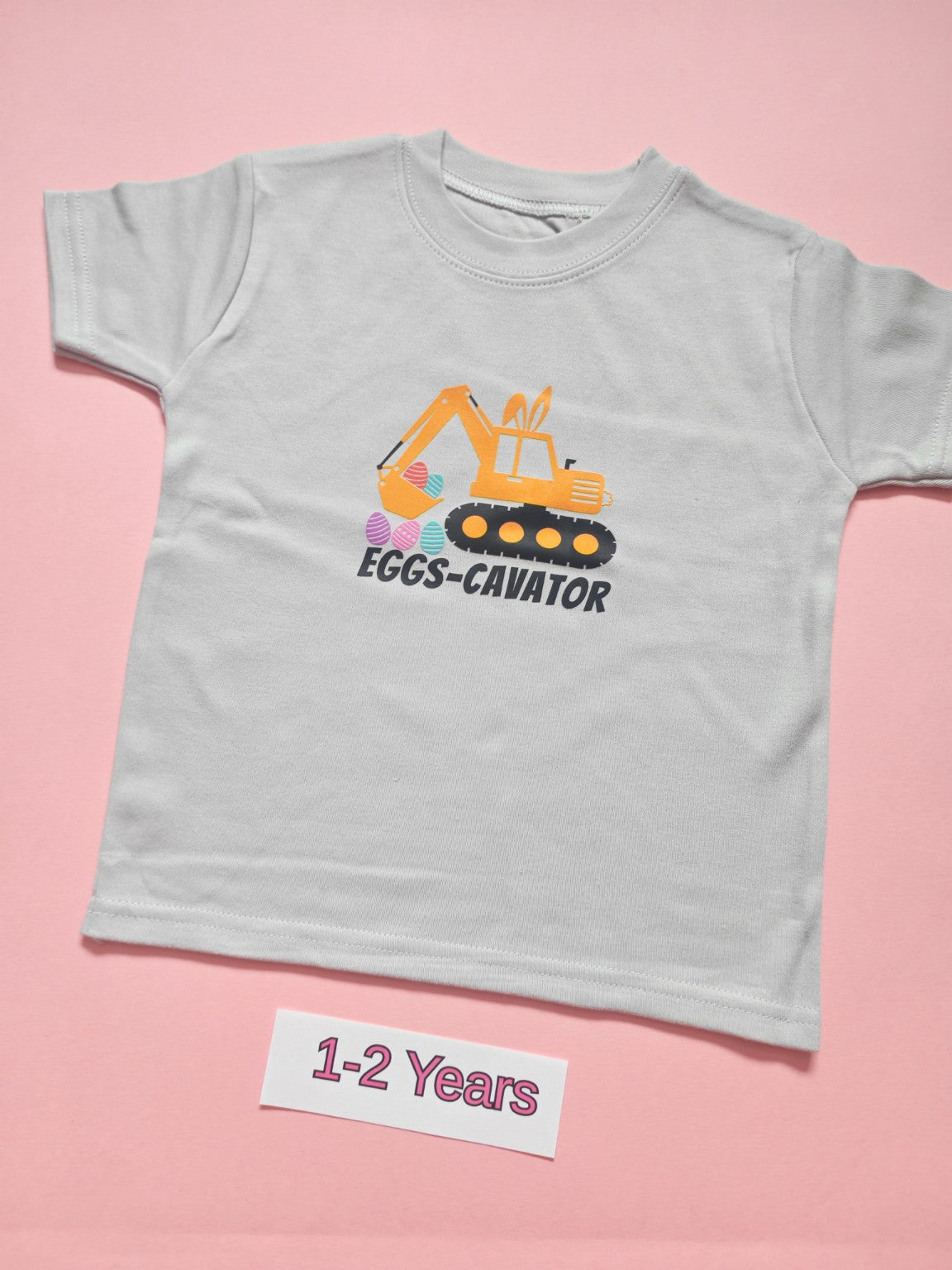 Frozen grey children's Easter t-shirt with colourful Eggs-Cavator digger design, size 1-2 years
