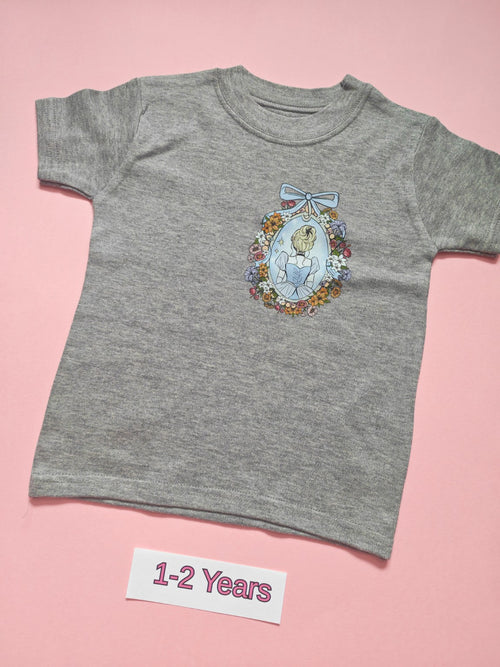 Grey children's T-shirt with fairytale princess and floral mirror design, size 1-2 years