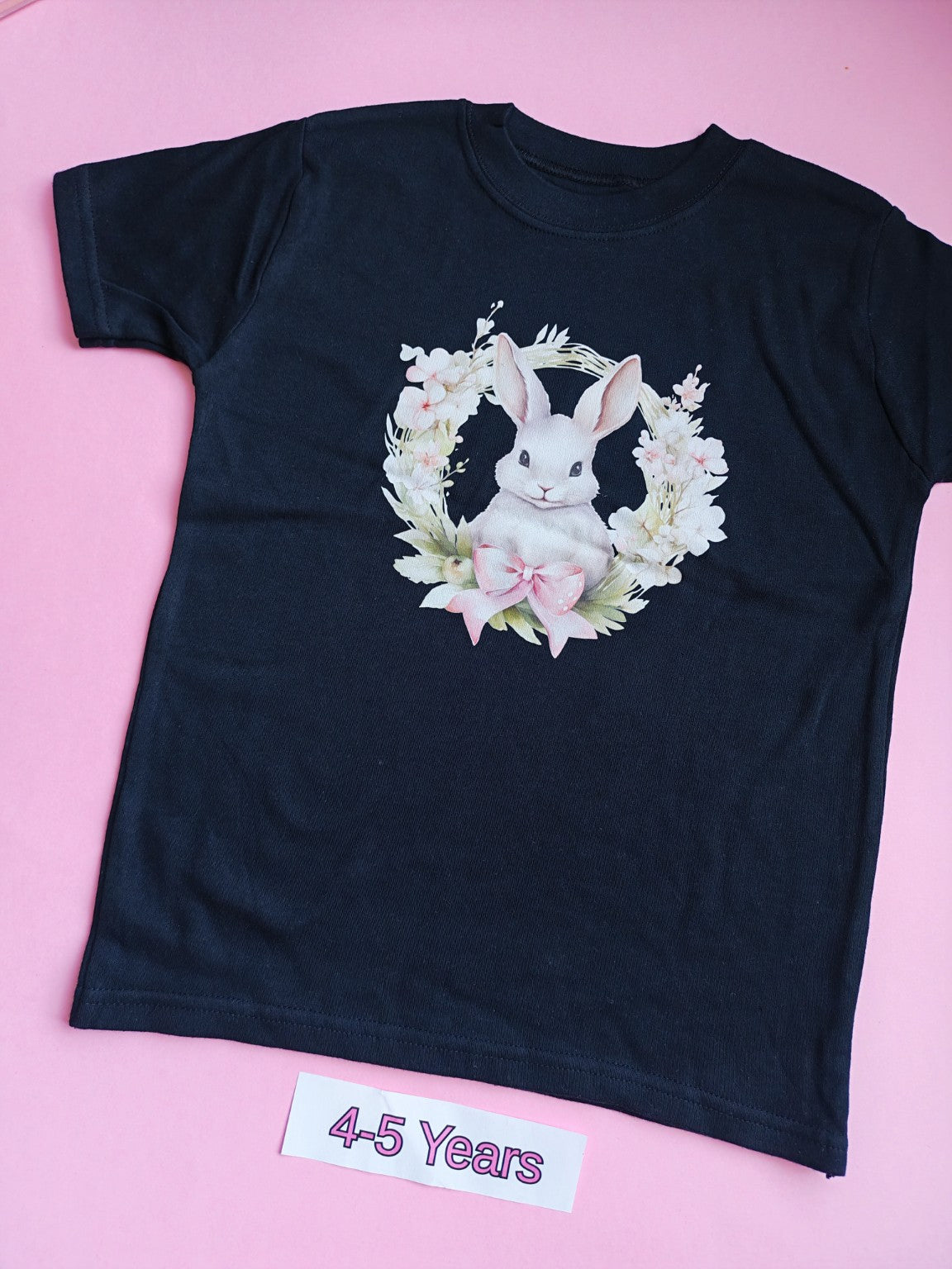Black children's t-shirt, 4-5 years, floral bunny and pink bow design