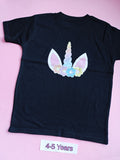 Black children's t-shirt, 4-5 years, pastel unicorn horn and floral design