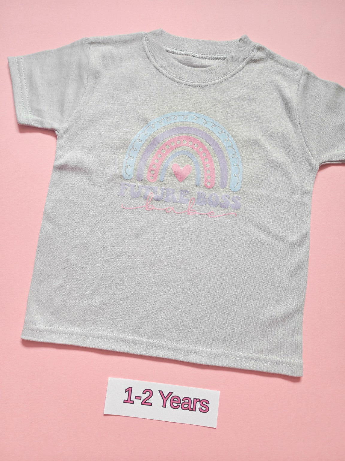 Frozen grey children's T-shirt with pastel rainbow Future Boss Babe design, size 1-2 years