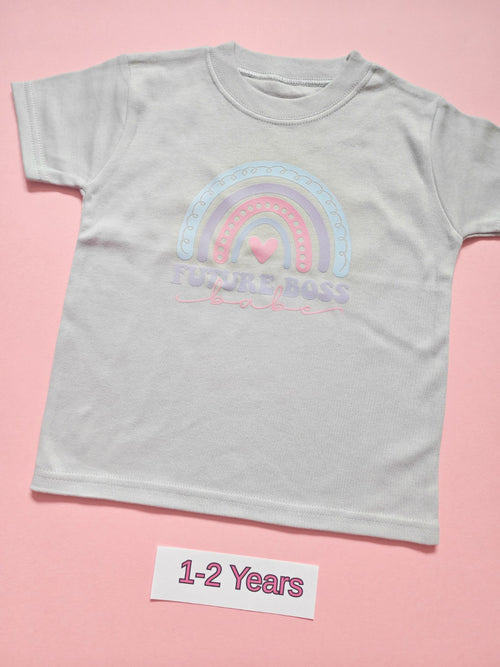 Frozen grey children's T-shirt with pastel rainbow Future Boss Babe design, size 1-2 years