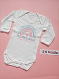 White long sleeve baby bodysuit with pastel rainbow Future Boss Babe design, size 3-6 months