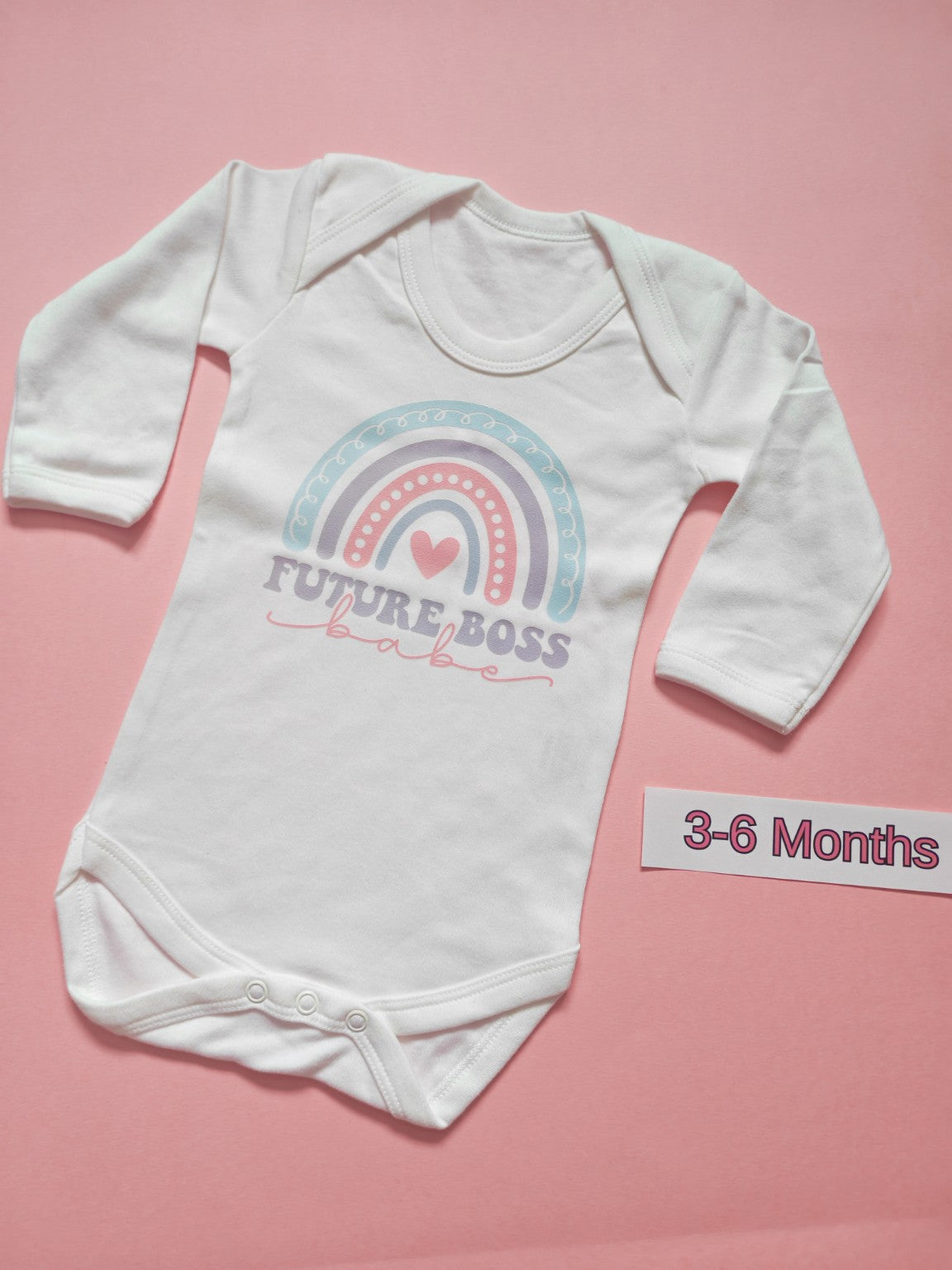White long sleeve baby bodysuit with pastel rainbow Future Boss Babe design, size 3-6 months
