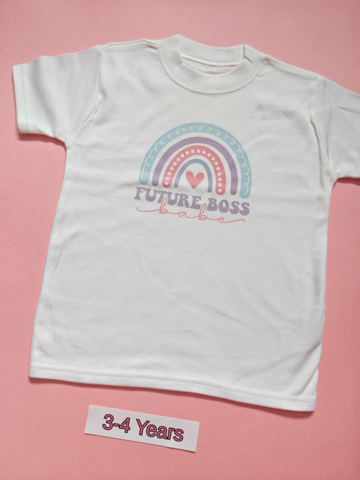 White children's T-shirt with pastel rainbow Future Boss Babe design, size 3-4 years