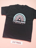 Black children's T-shirt with pastel rainbow and Future Boss design, size 2-3 years