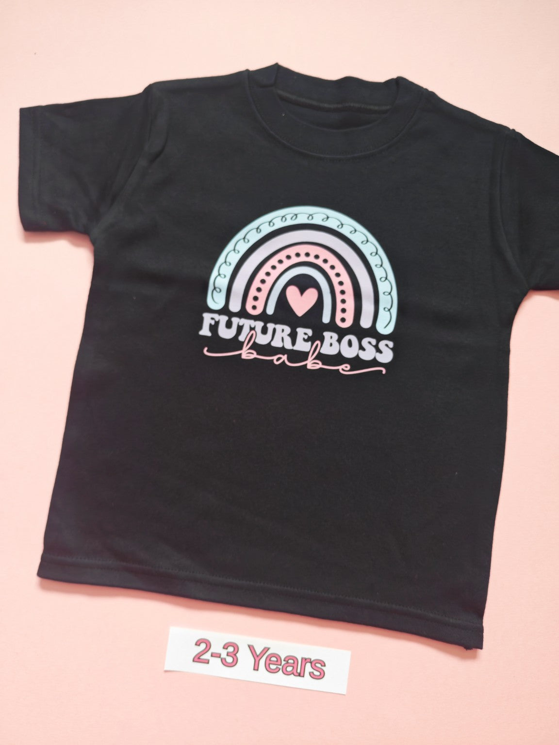 Black children's T-shirt with pastel rainbow and Future Boss design, size 2-3 years