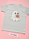 White children's T-shirt with cute ghost holding a pumpkin Halloween design, size 3-4 years
