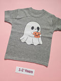 Grey children's Halloween T-shirt with cute ghost holding a pumpkin, size 1-2 years