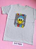 Frozen grey children's t-shirt with colourful Handsome Dude smiley face design, size 5-6 years