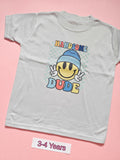 White children's T-shirt with colourful Handsome Dude smiley design, size 3-4 years