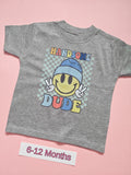 Grey children's T-shirt with colourful Handsome Dude smiley face design, size 6-12 months