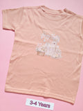 Pink children's T-shirt with delicate Happy Easter bunny, basket and floral design, size 3-4 years