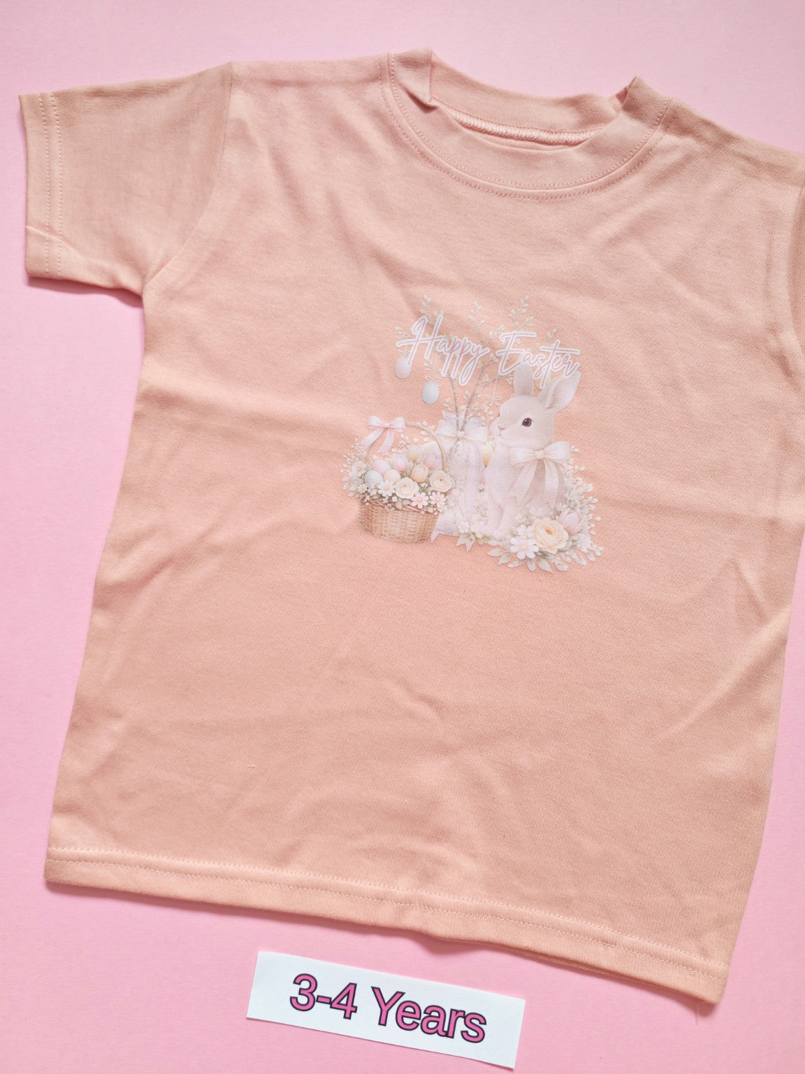 Pink children's T-shirt with delicate Happy Easter bunny, basket and floral design, size 3-4 years