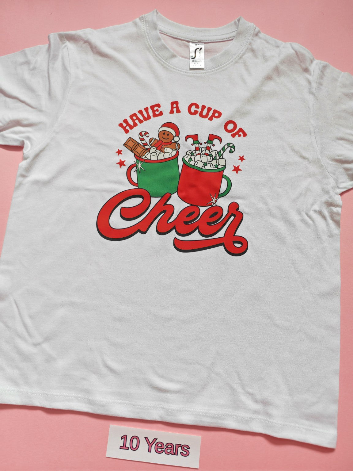 White children's Christmas T-shirt with Have a Cup of Cheer design, size 10 years