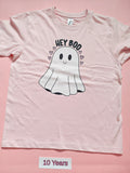 Pale pink children's Halloween T-shirt with cute Hey Boo ghost design, size 10 years