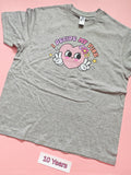 Grey children's T-shirt with I Decide My Vibe heart design, size 10 years