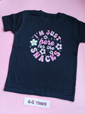 Black children's t-shirt, 4-5 years, I'm just here for the snacks floral design