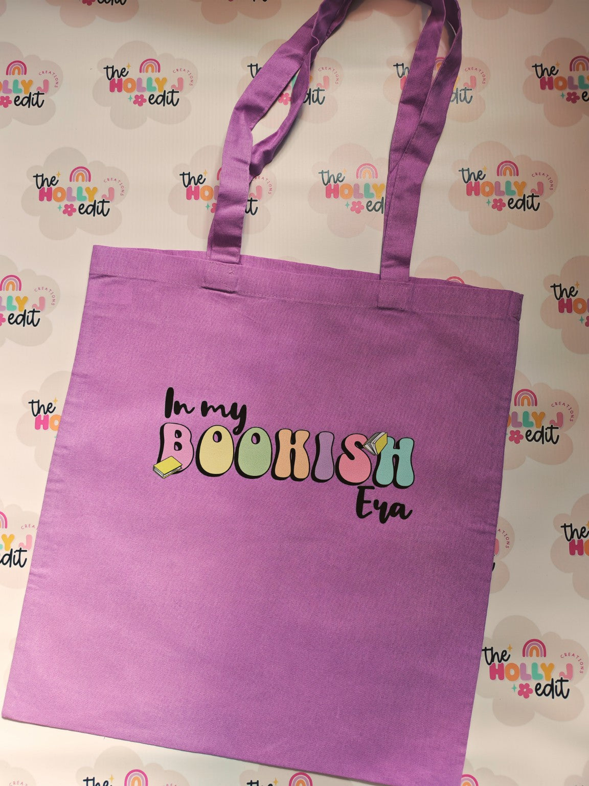 Purple cotton tote bag with colourful In My Bookish Era design