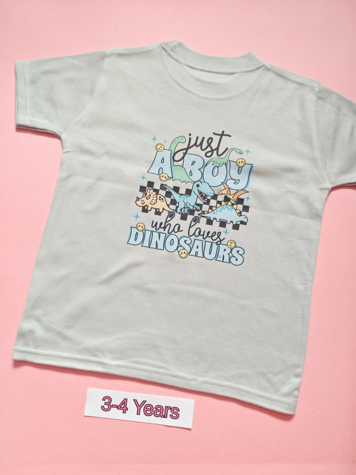 White children's T-shirt with dinosaur Just a Boy Who Loves Dinosaurs design, size 3-4 years, back