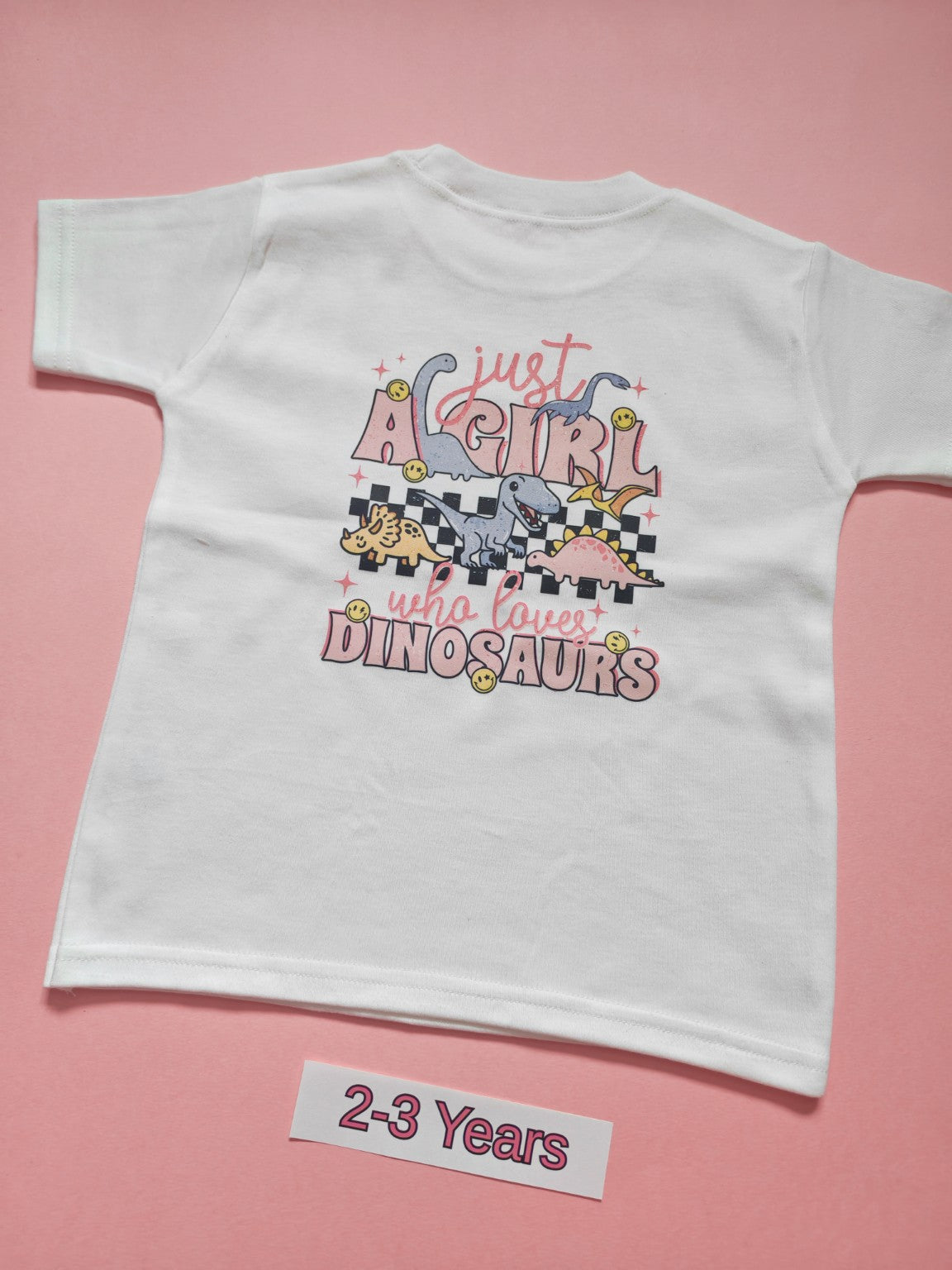 Back of white children's dinosaur T-shirt with Just a Boy Who Loves Dinosaurs design, size 2-3 years