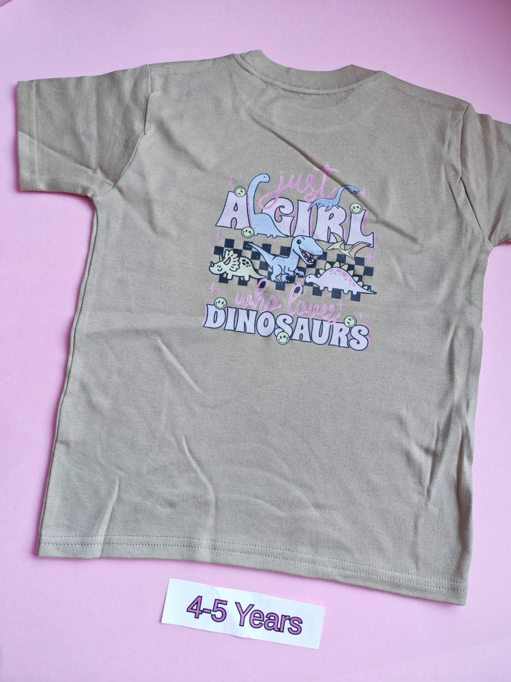 Frozen grey children's t-shirt back with Just a Girl Who Loves Dinosaurs design, size 4-5 years