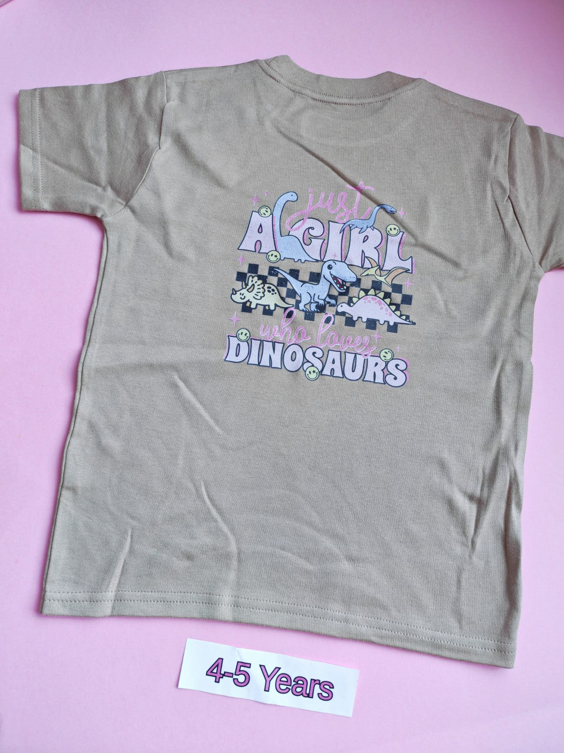 Frozen grey children's t-shirt back with Just a Girl Who Loves Dinosaurs design, size 4-5 years