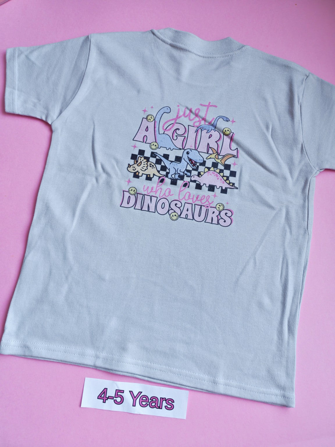 Frozen grey children's t-shirt back with Just a Girl Who Loves Dinosaurs design, size 4-5 years