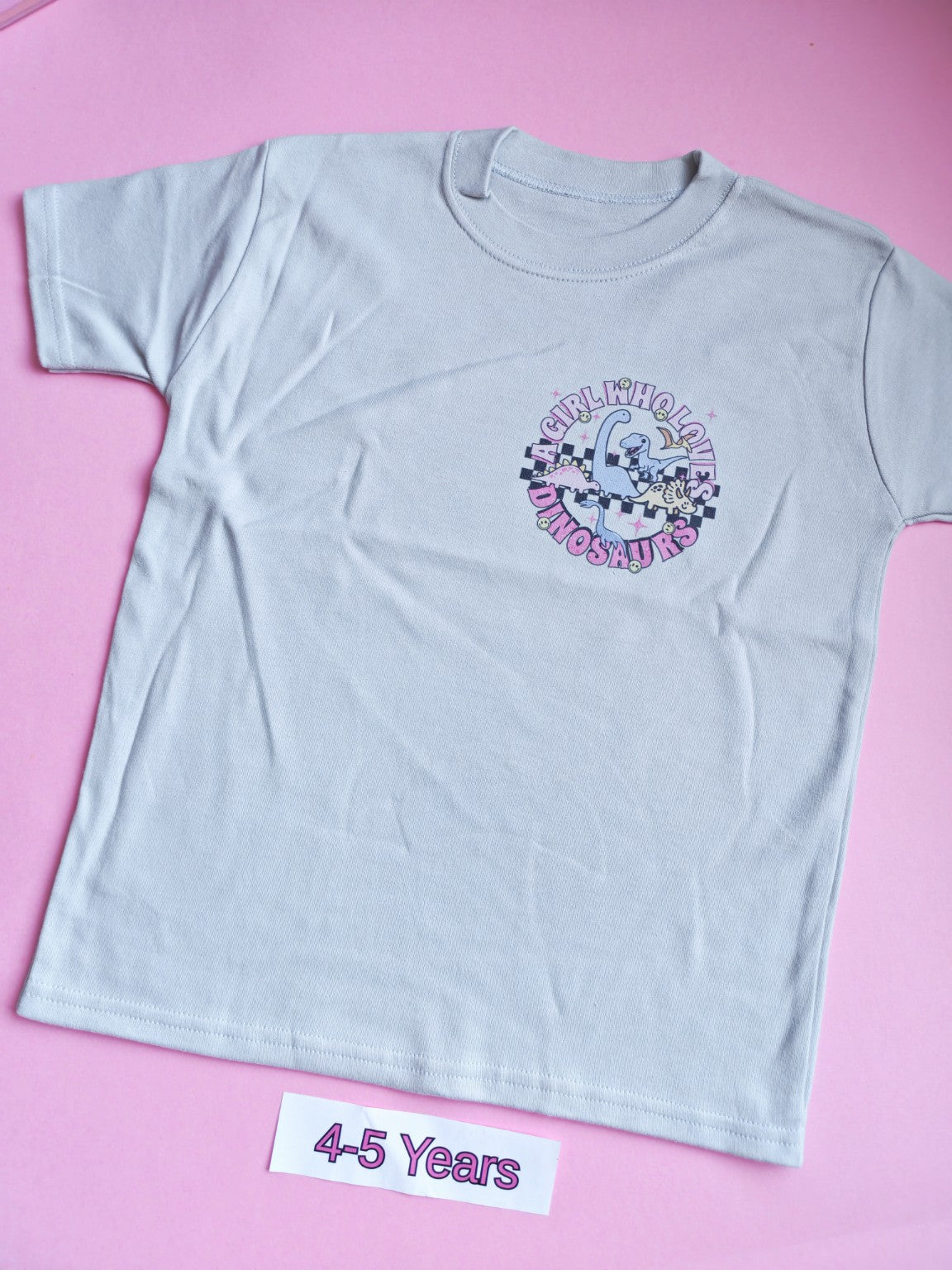 Frozen grey children's t-shirt front with dinosaur design, size 4-5 years