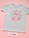 White children's T-shirt with pink I'm Just Here for the Snacks floral design, size 3-4 years