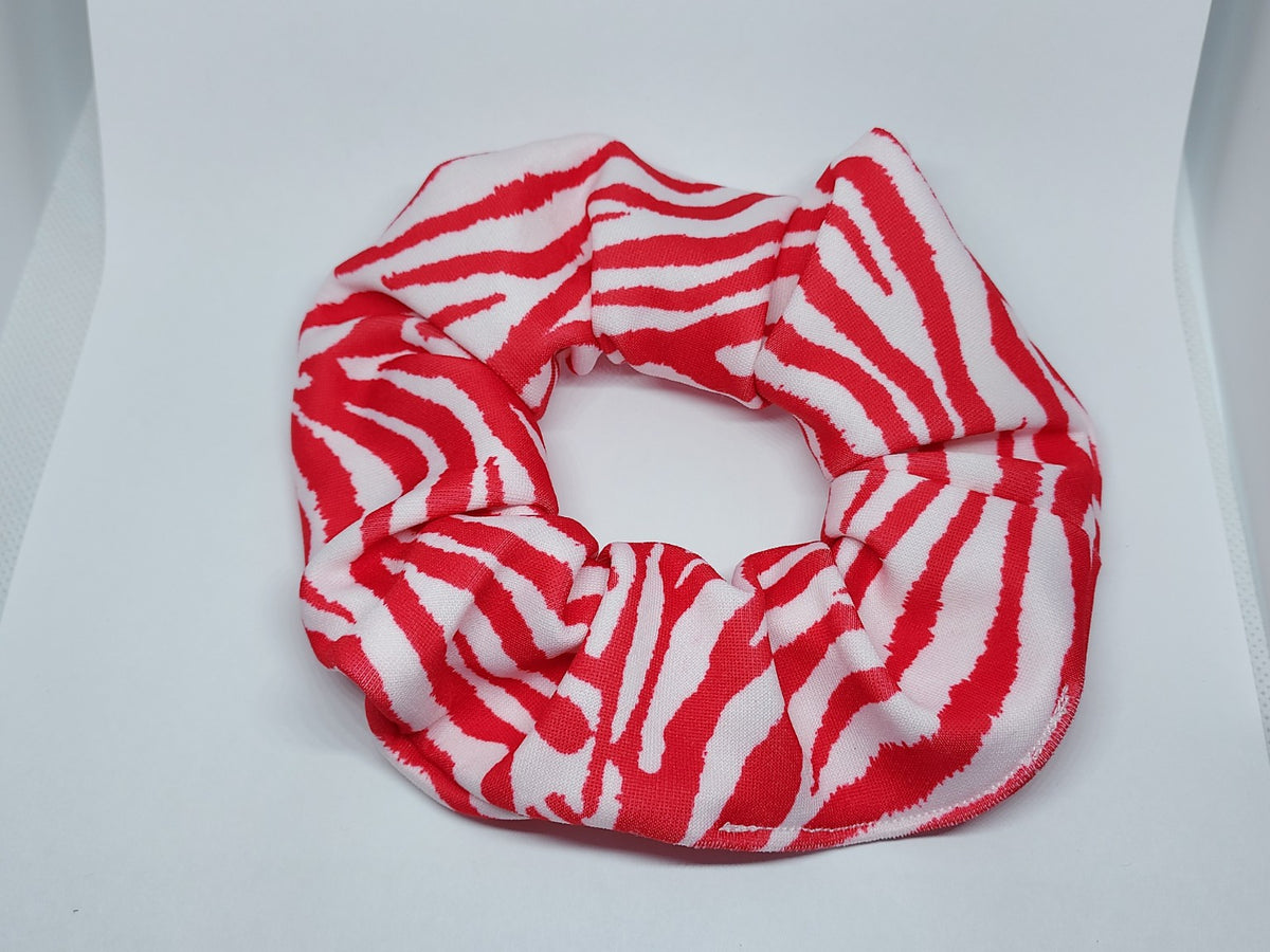 Large handmade red and white striped fabric scrunchie